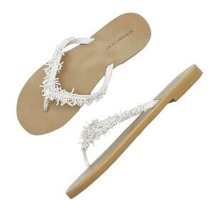 Newport News White Beaded Flip Flops Tropical Coastal Thong Sandals Size 10
